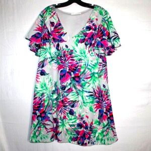 Floral Dress Ruffle Sleeve Dress L Made in USA Boho Caramela Tropical